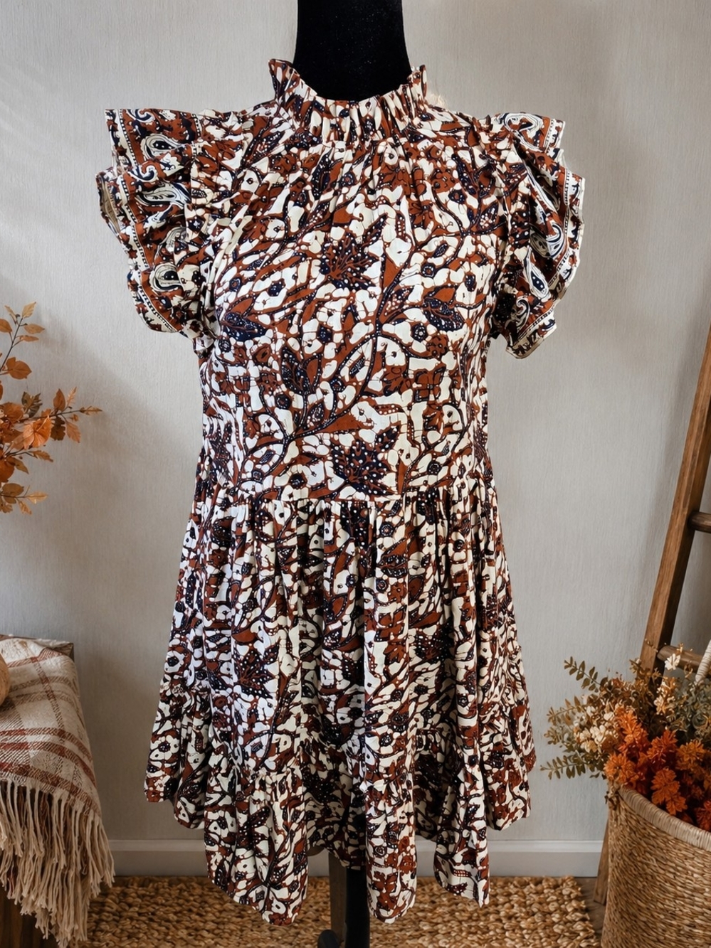 House of Harlow 1960 XS NWT Boho Mini Dress Cotton Ruffle Mock Neck Fall - Picture 2 of 16